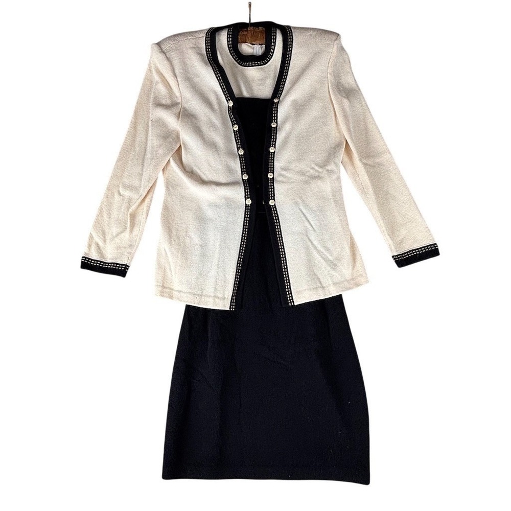 St. John Suit Set Womens Size 6 Ivory Black Knit Jacket Sleeveless Dress